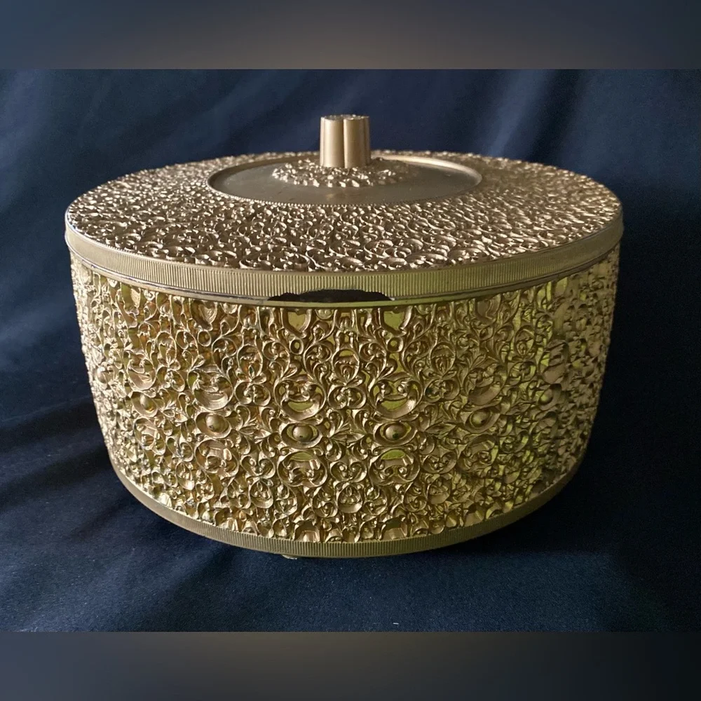 Vintage MCM Ornate Gold Hollywood Regency Round Lidded Storage Sewing Box